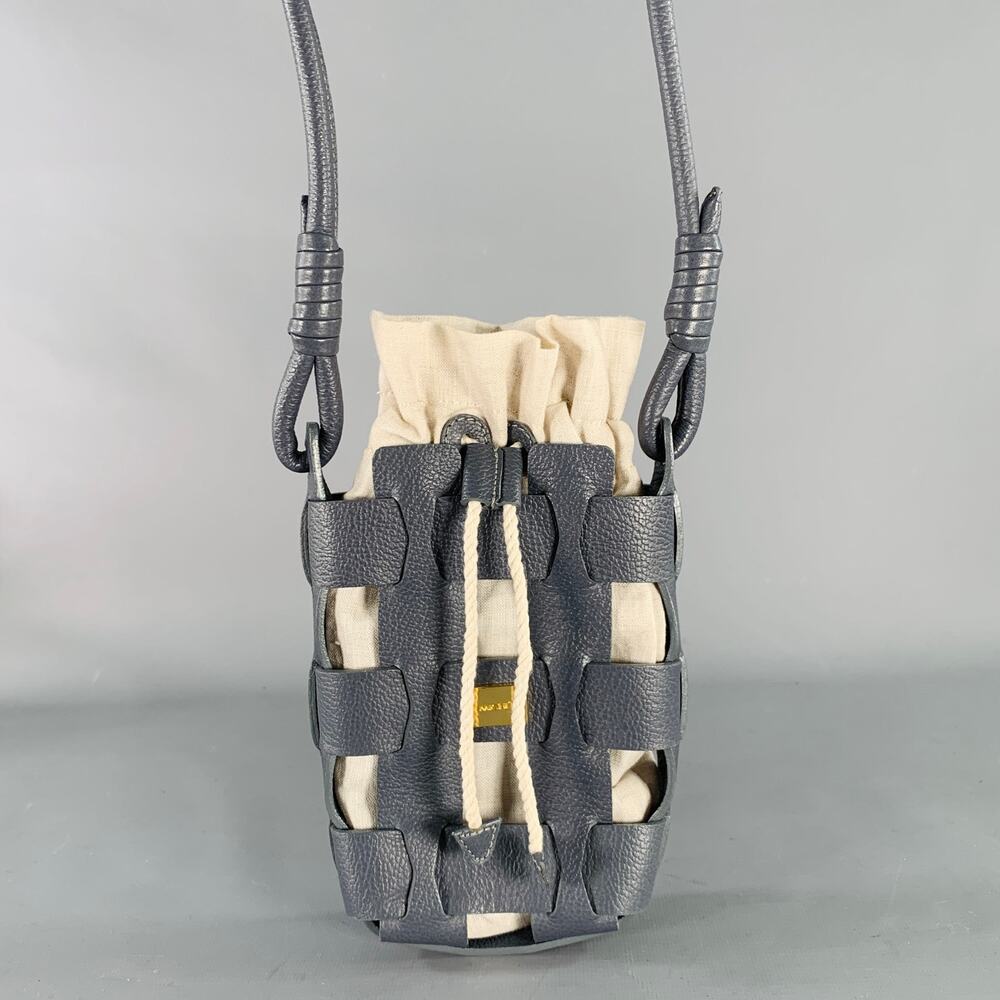 MICHU Grey Cream Woven Leather Cotton Crossbody Drawstring Handbag